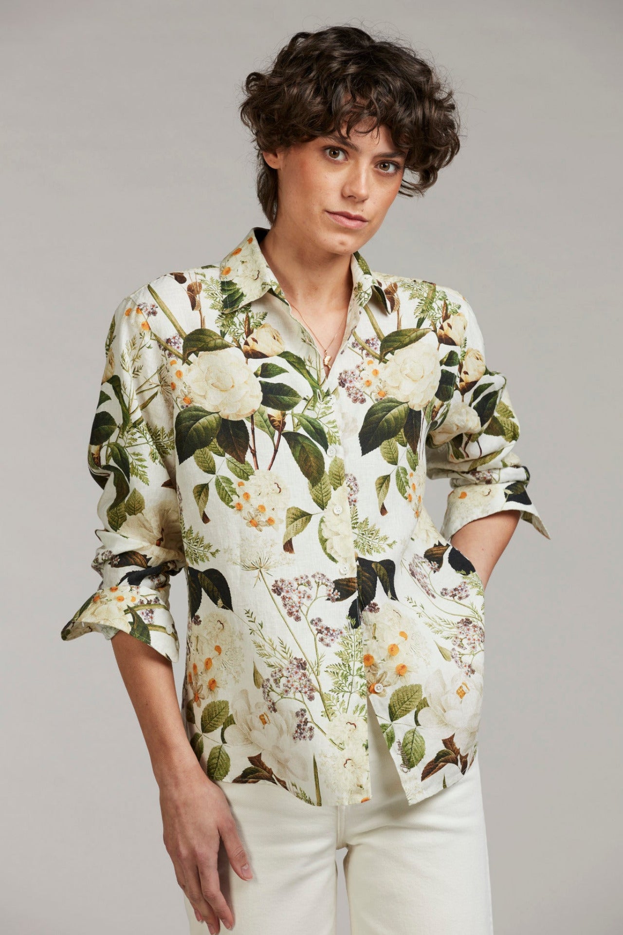 Siri Relaxed Mönstrad Linneskjorta - Gröna blad