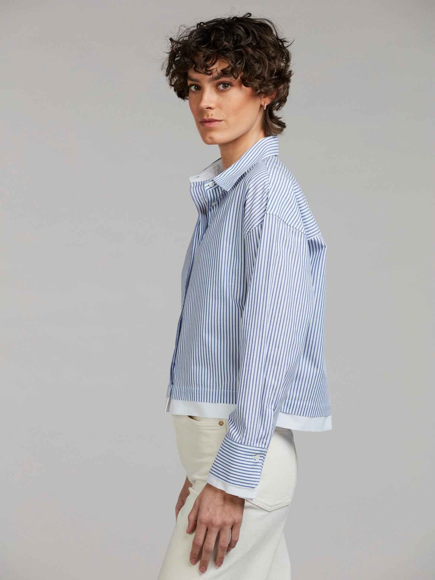 Blå Lena Randig Croppad Skjorta