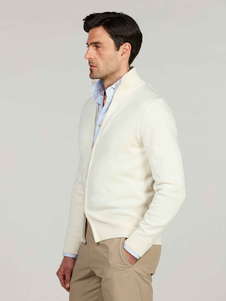 Off-white Strukturstickad Zip Cardigan
