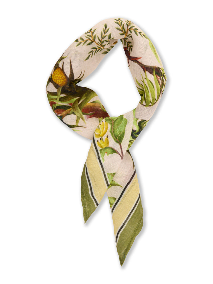 Bladmönstrad Linnescarf - Beige & Grön