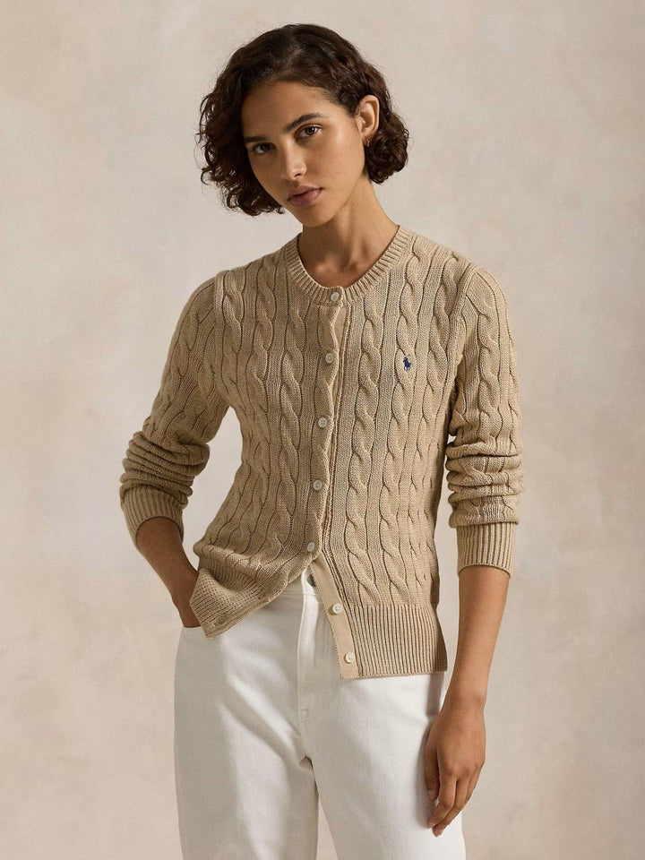 Beige Kabelstickad Cardigan i Bomull - Polo Ralph Lauren
