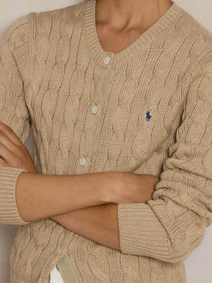 Beige Kabelstickad Cardigan i Bomull - Polo Ralph Lauren