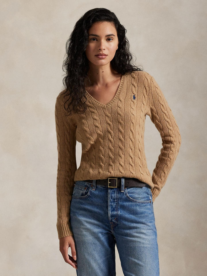 Beige Kabelstickad V-hals i Ull / Kashmir - Polo Ralph Lauren