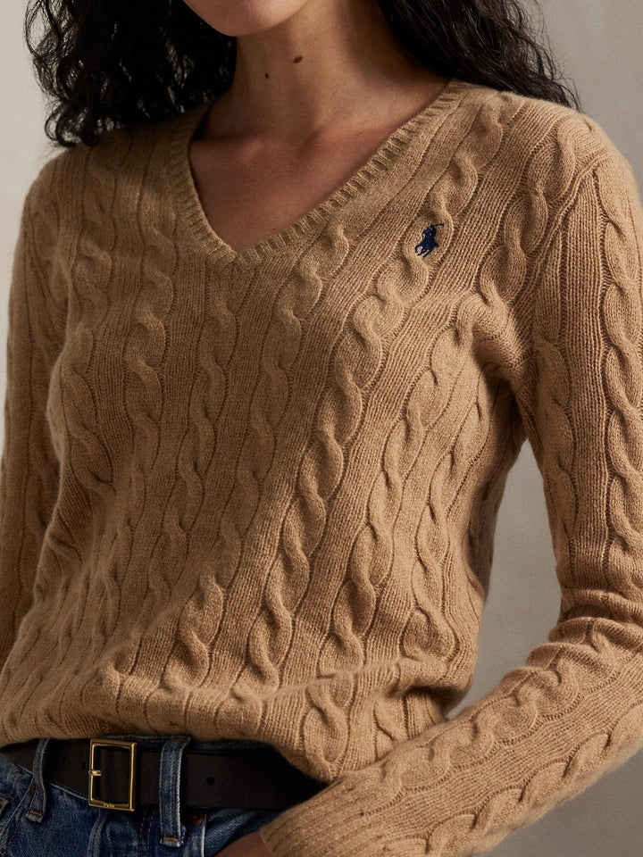 Beige Kabelstickad V-hals i Ull / Kashmir - Polo Ralph Lauren