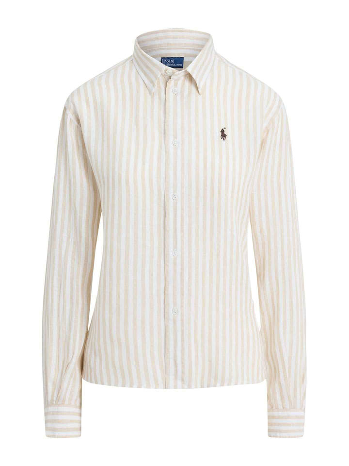 Beige Randig Cropped Linneskjorta