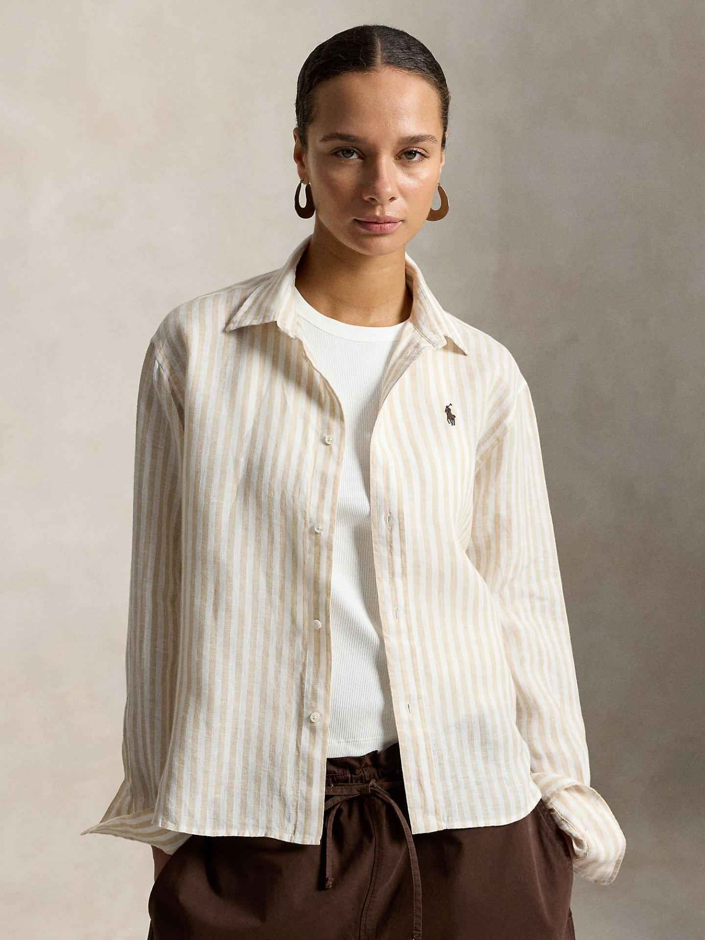 Beige Randig Cropped Linneskjorta