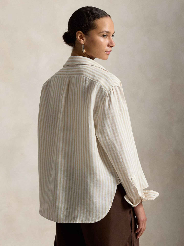 Beige Randig Cropped Linneskjorta