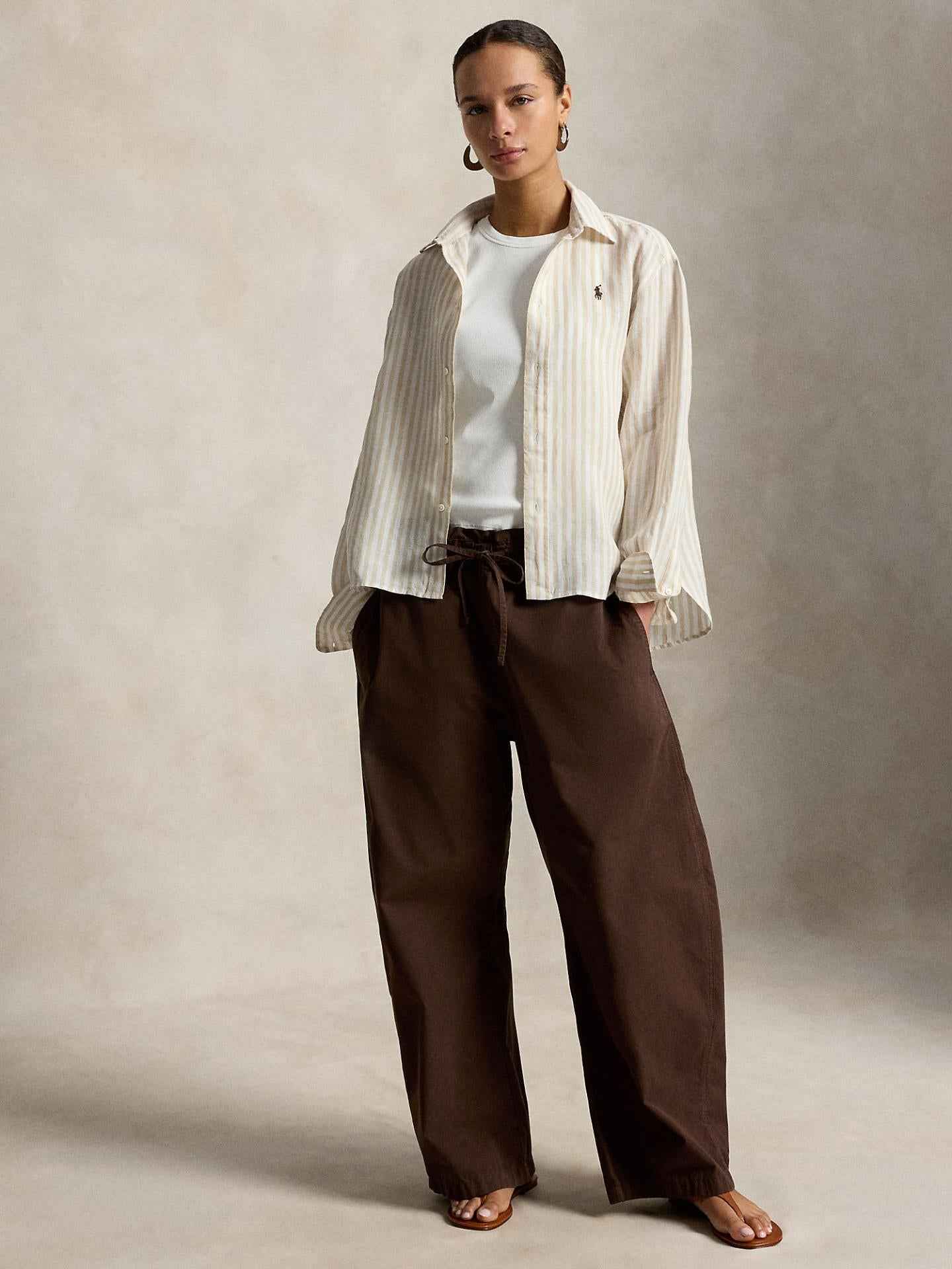 Beige Randig Cropped Linneskjorta
