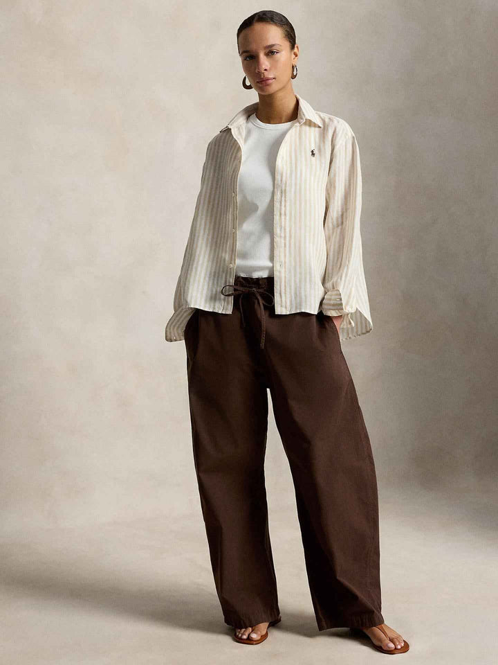 Beige Randig Cropped Linneskjorta
