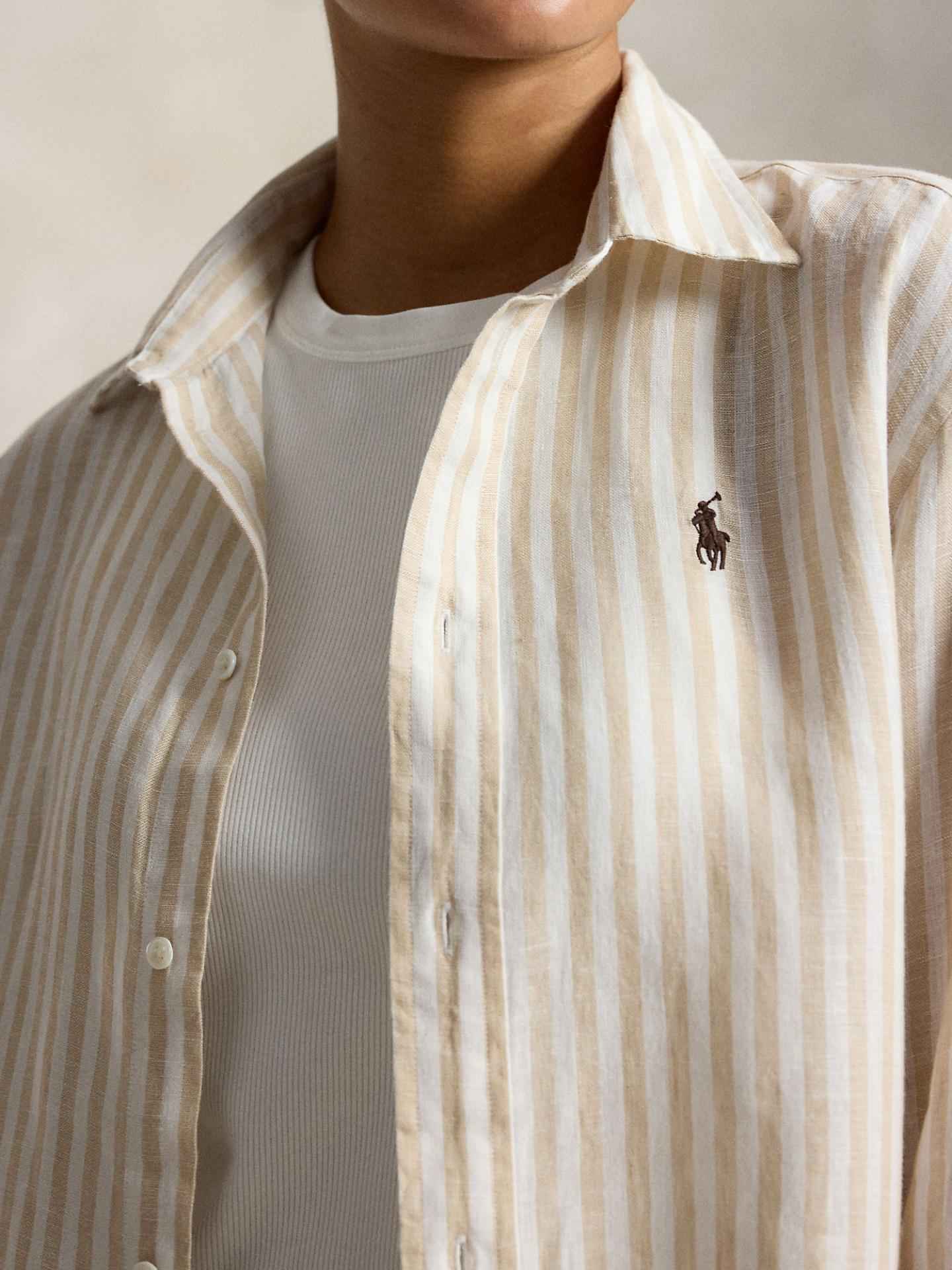 Beige Randig Cropped Linneskjorta