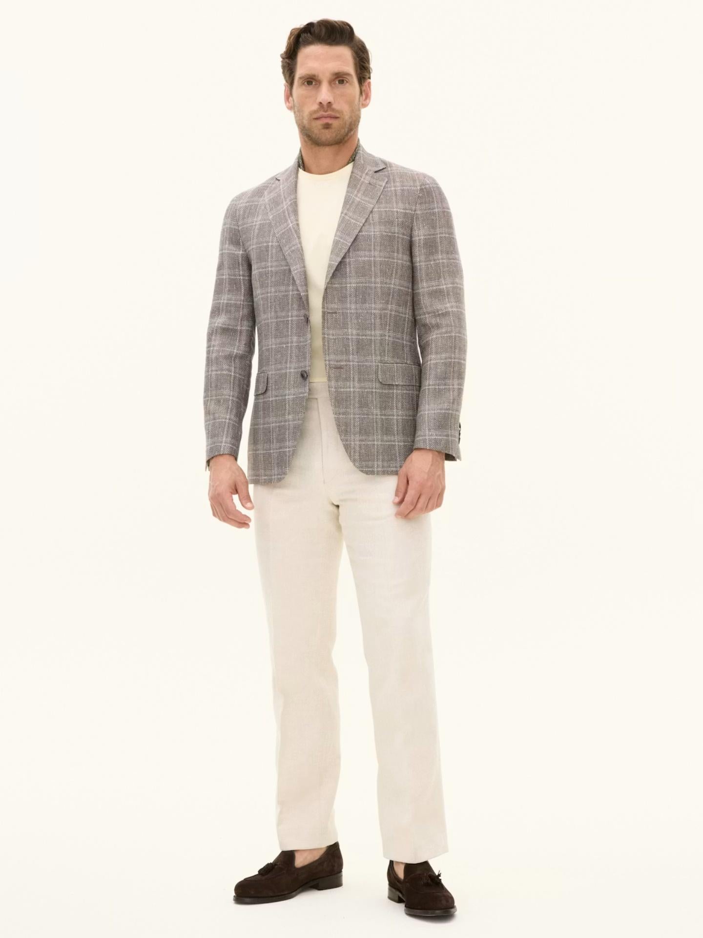 Oscar Jacobson - Beige Rutig Kavaj i Ull & Linne