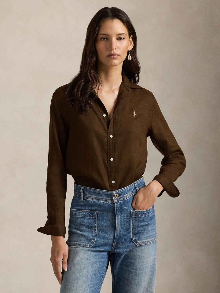 Brun Classic Fit Linneskjorta