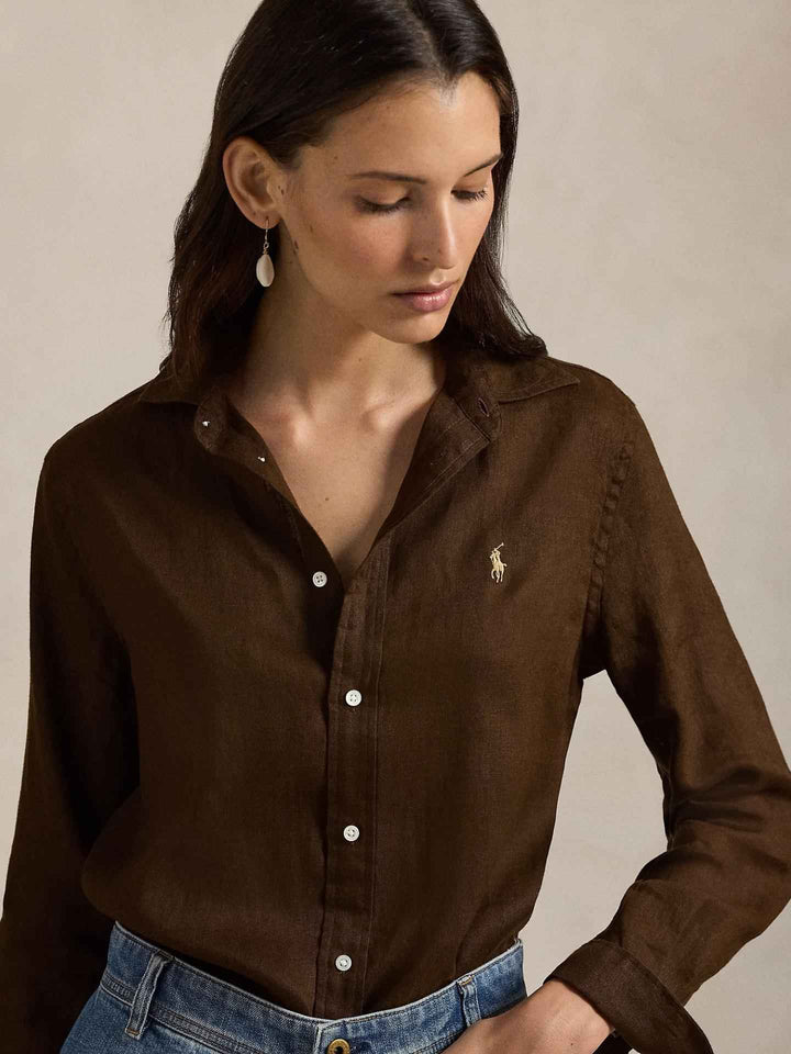 Brun Classic Fit Linneskjorta