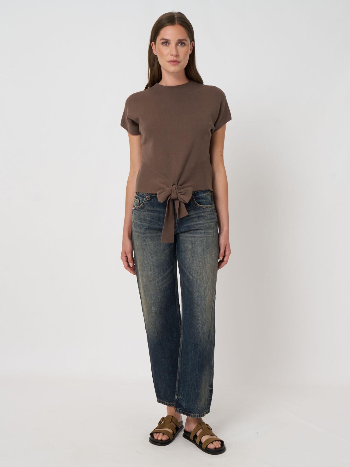 Brun Stickad Tie-front Bomullströja - Repeat