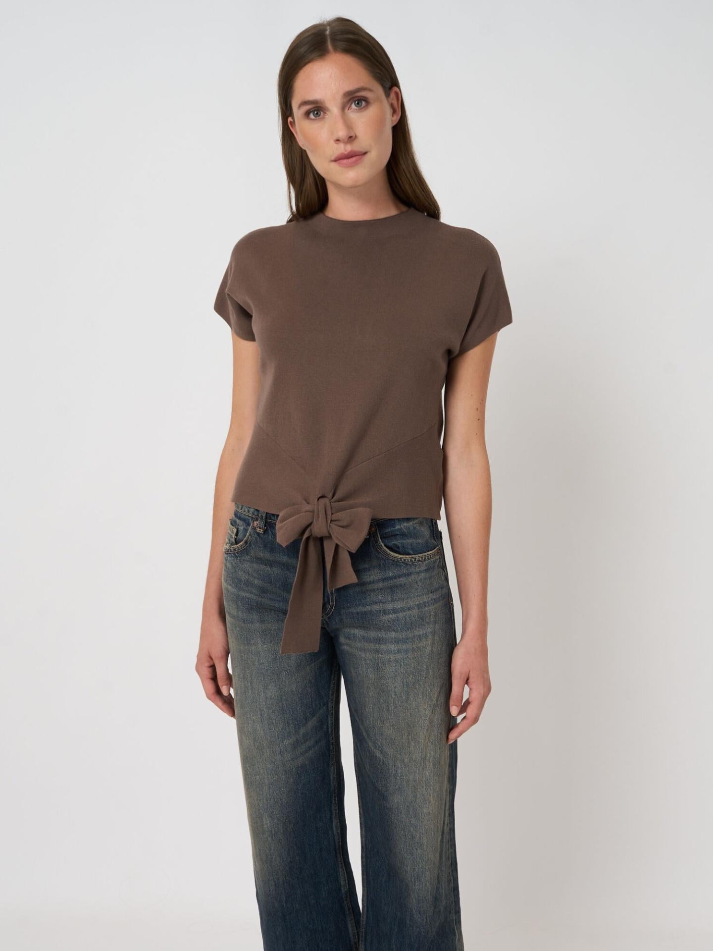 Brun Stickad Tie-front Bomullströja - Repeat