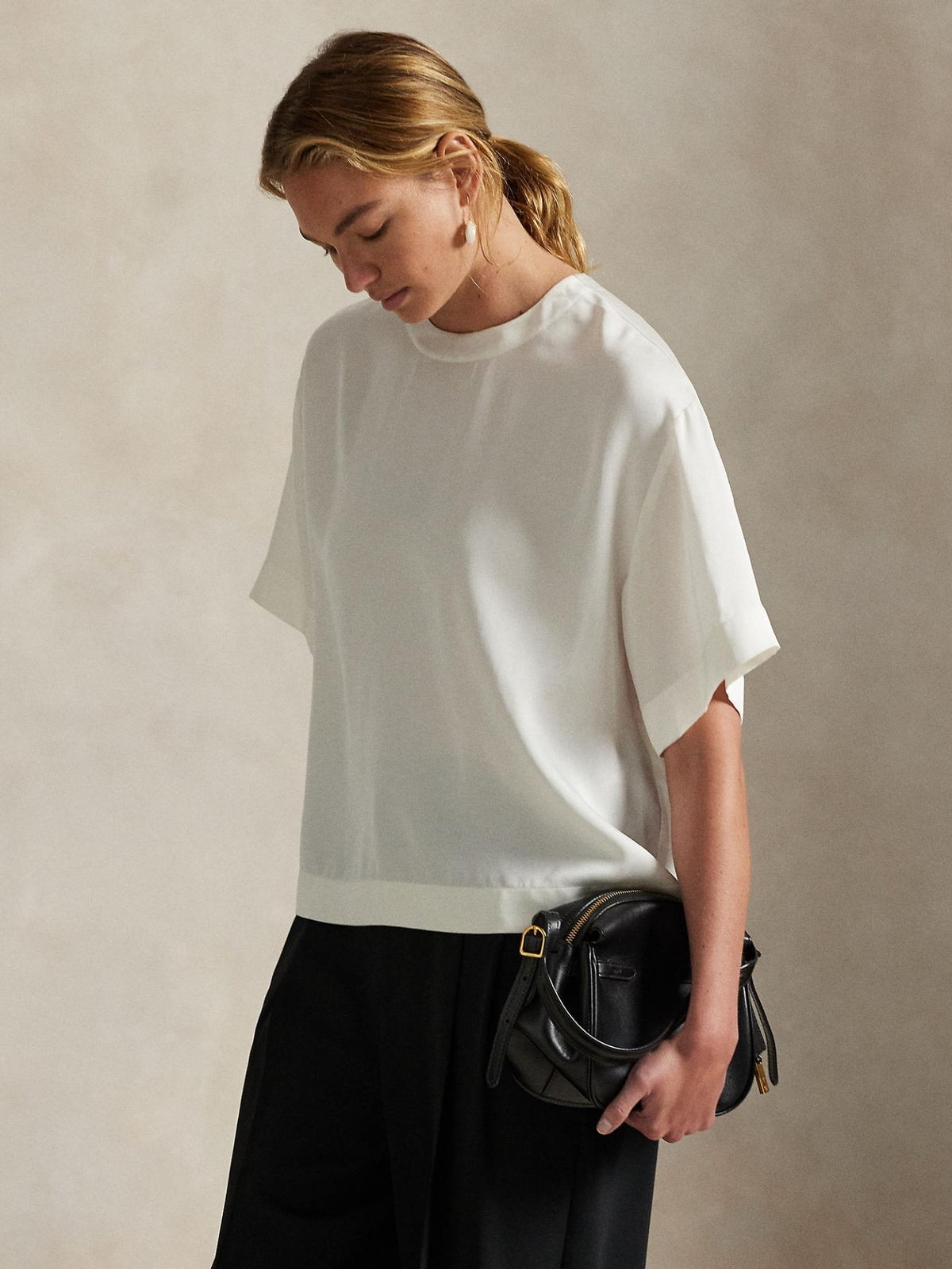 Cremevit Satinblus med Kort Ärm - Polo Ralph Lauren