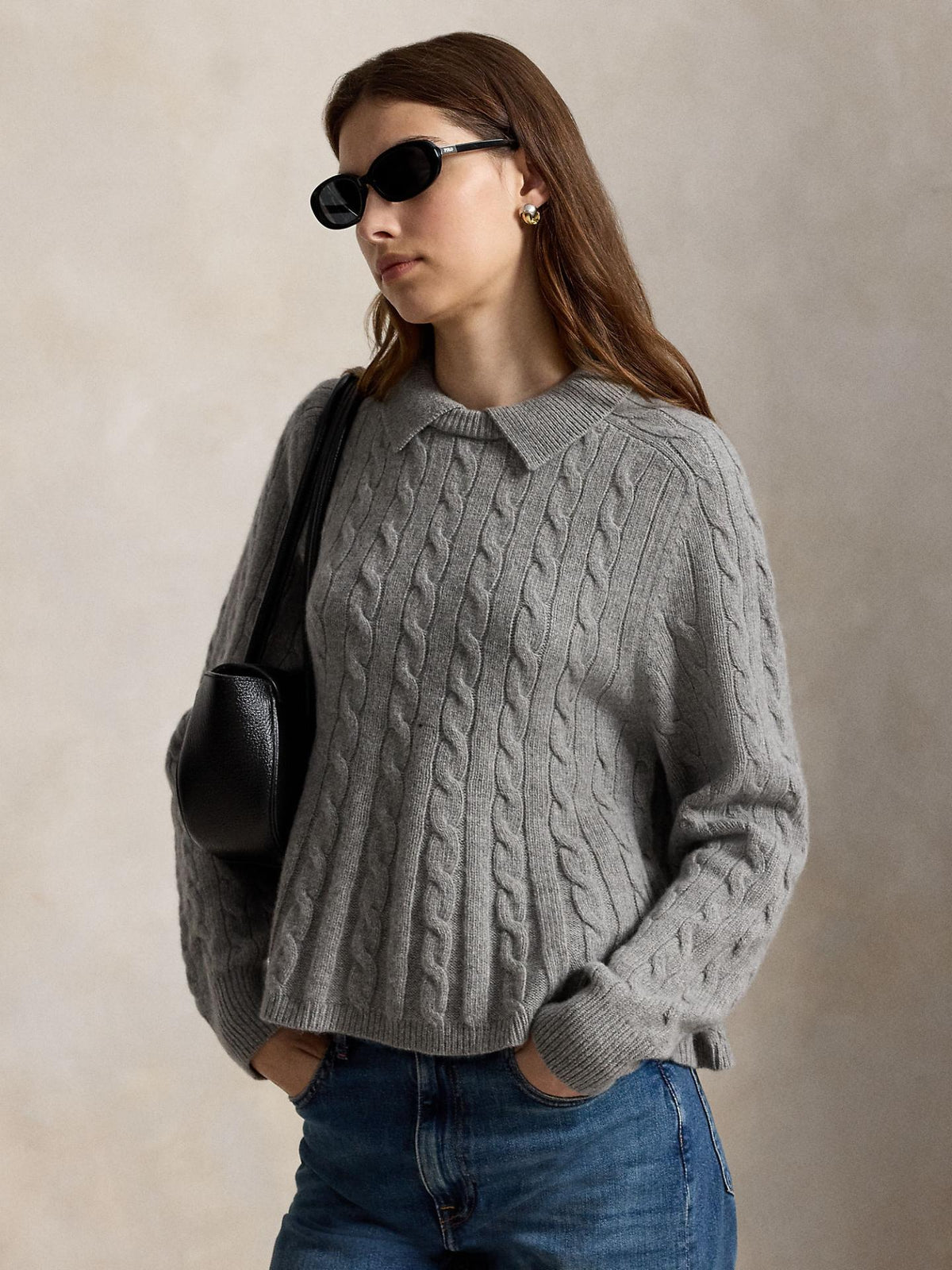 Grå Kabelstickad Peplum Kragtröja - Polo Ralph Lauren