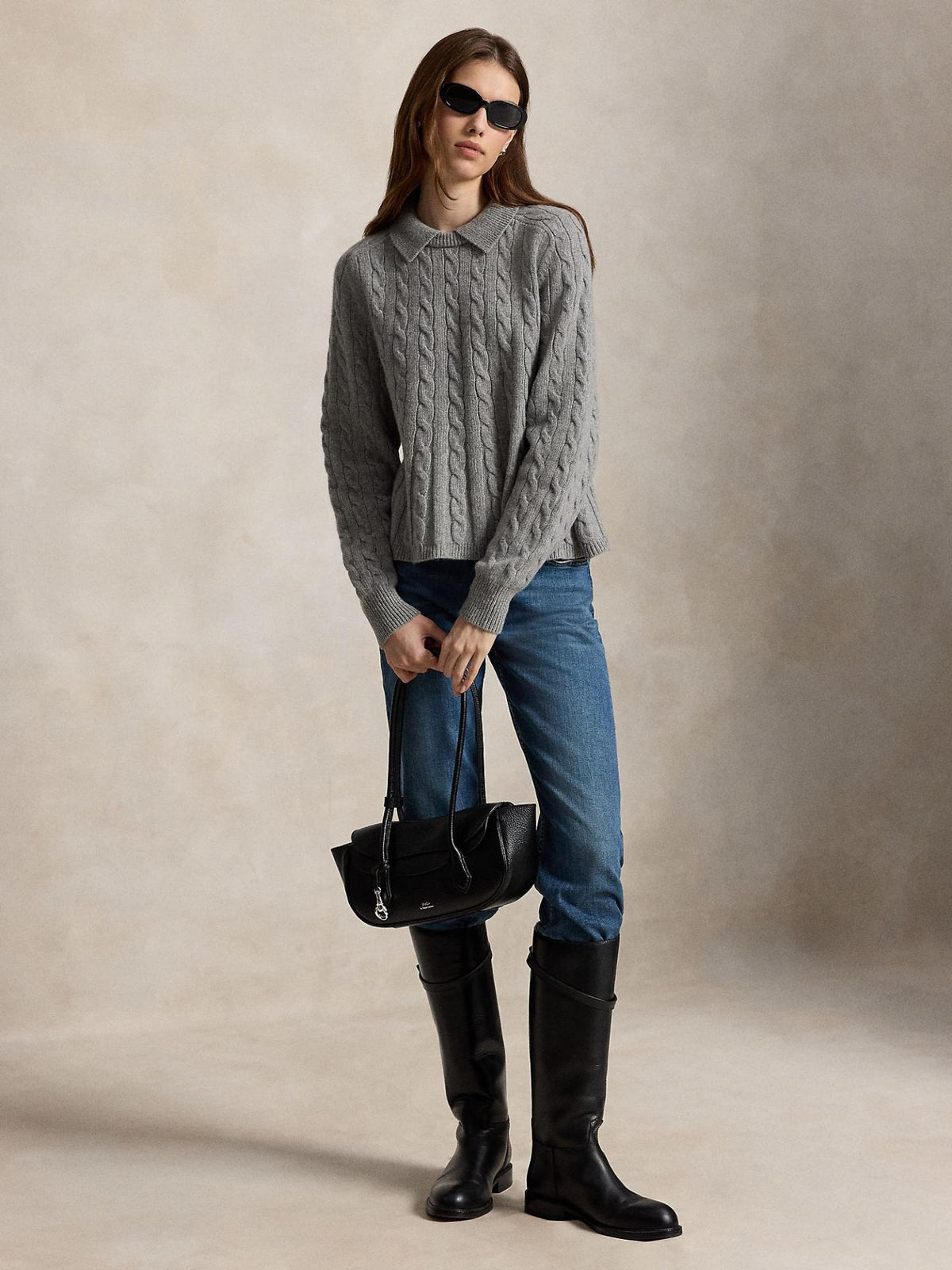 Grå Kabelstickad Peplum Kragtröja - Polo Ralph Lauren