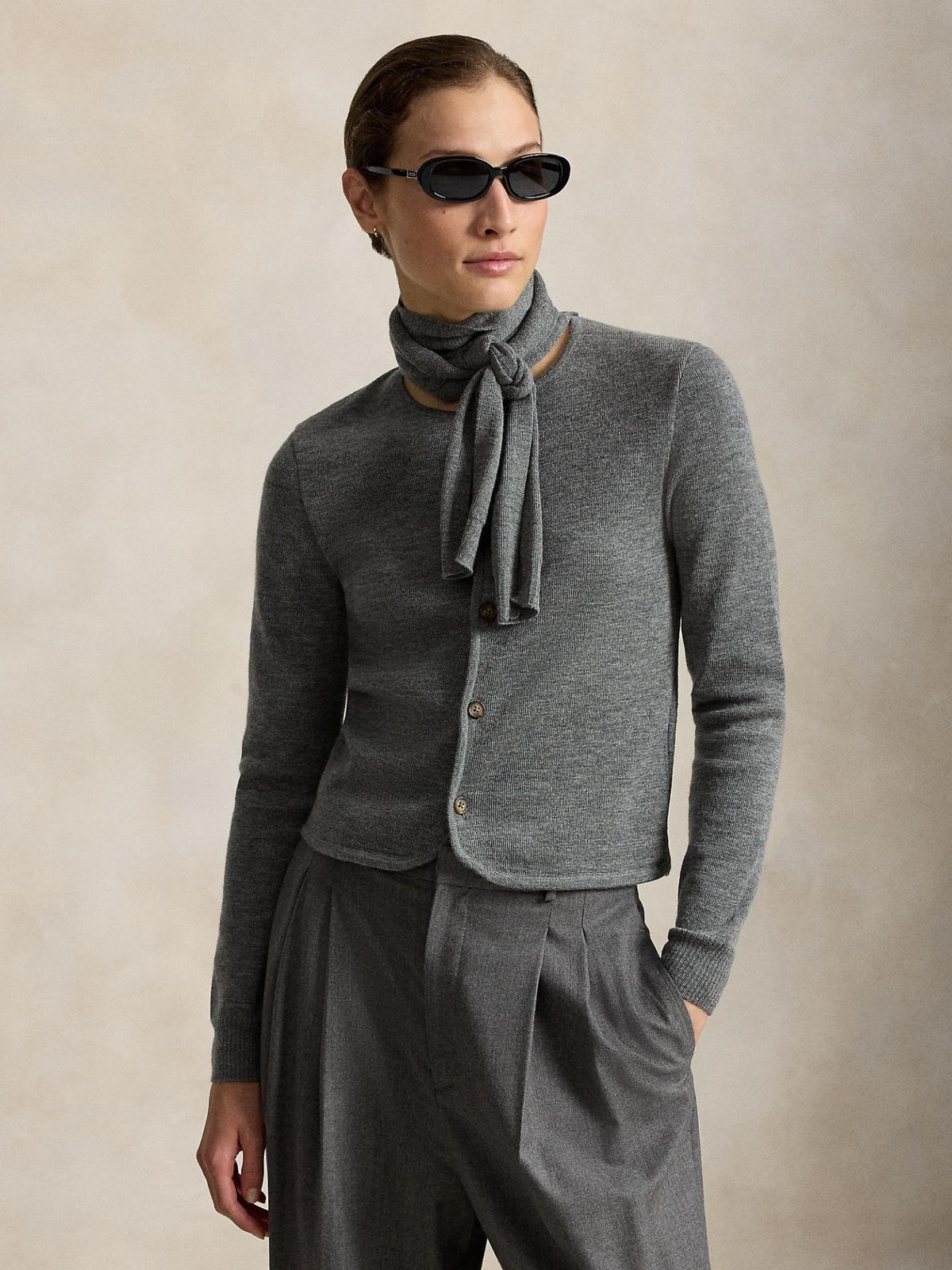 Grå Tie-Scarf Ull Cardigan - Polo Ralph Lauren