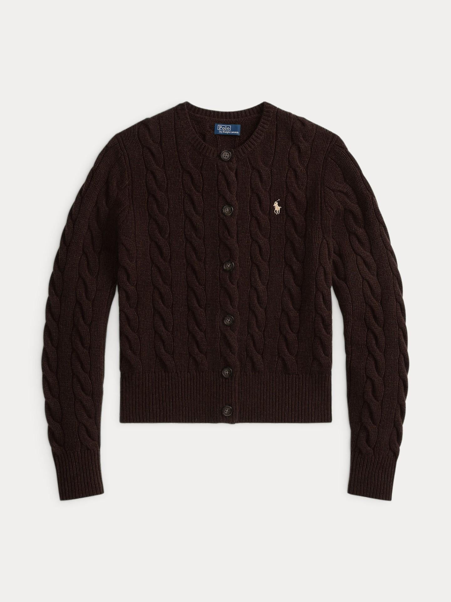Brun Kabelstickad Cardigan i Ull/Cashmere - Polo Ralph Lauren