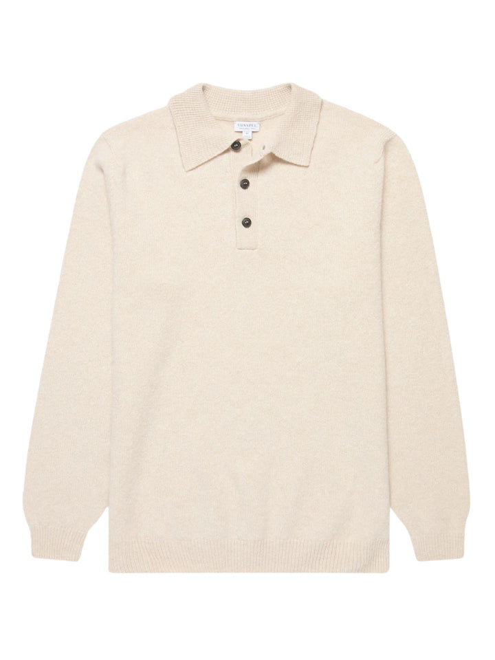 Ljusbeige Stickad Pikétröja i Lammull - Sunspel