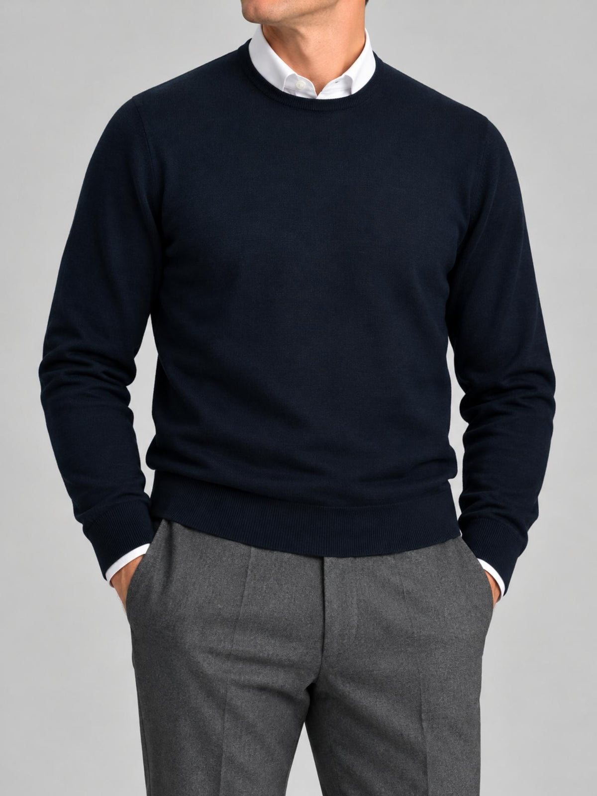 Marinblå Extra Fine Merino Crewneck - Morgano