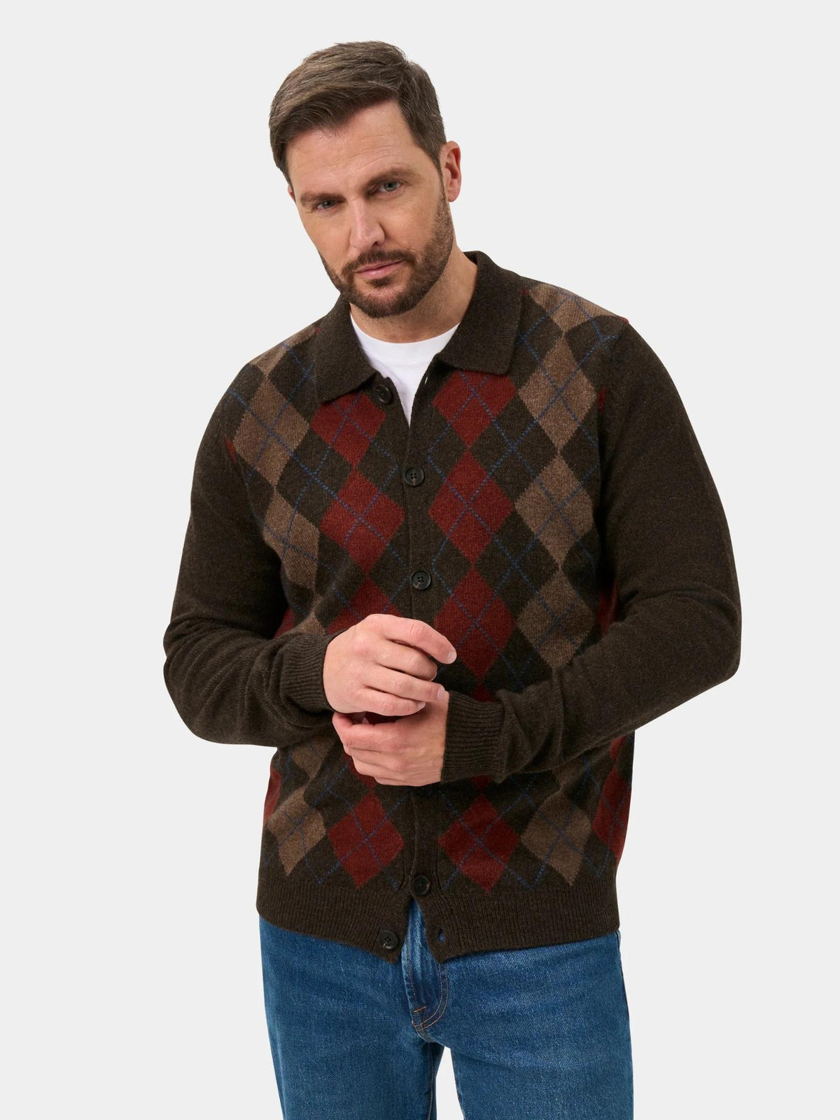 Mörkbrun Argyle Rutig Lammullskofta - Alan Paine
