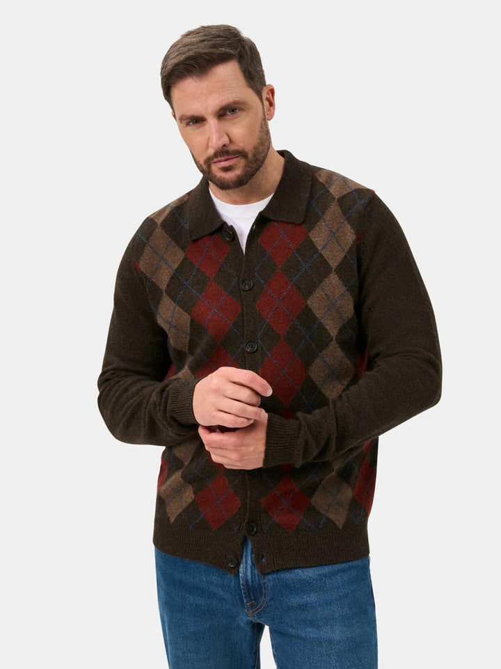 Mörkbrun Argyle Rutig Lammullskofta - Alan Paine