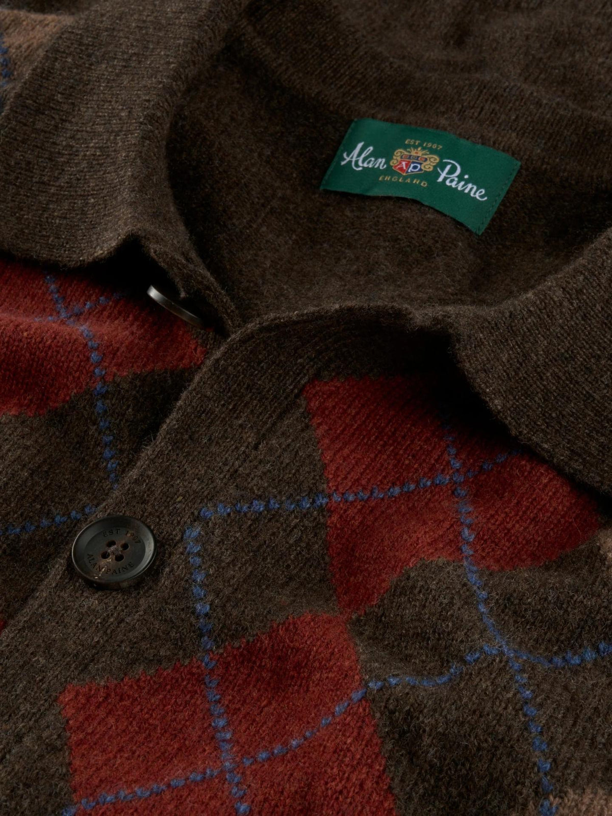 Mörkbrun Argyle Rutig Lammullskofta - Alan Paine