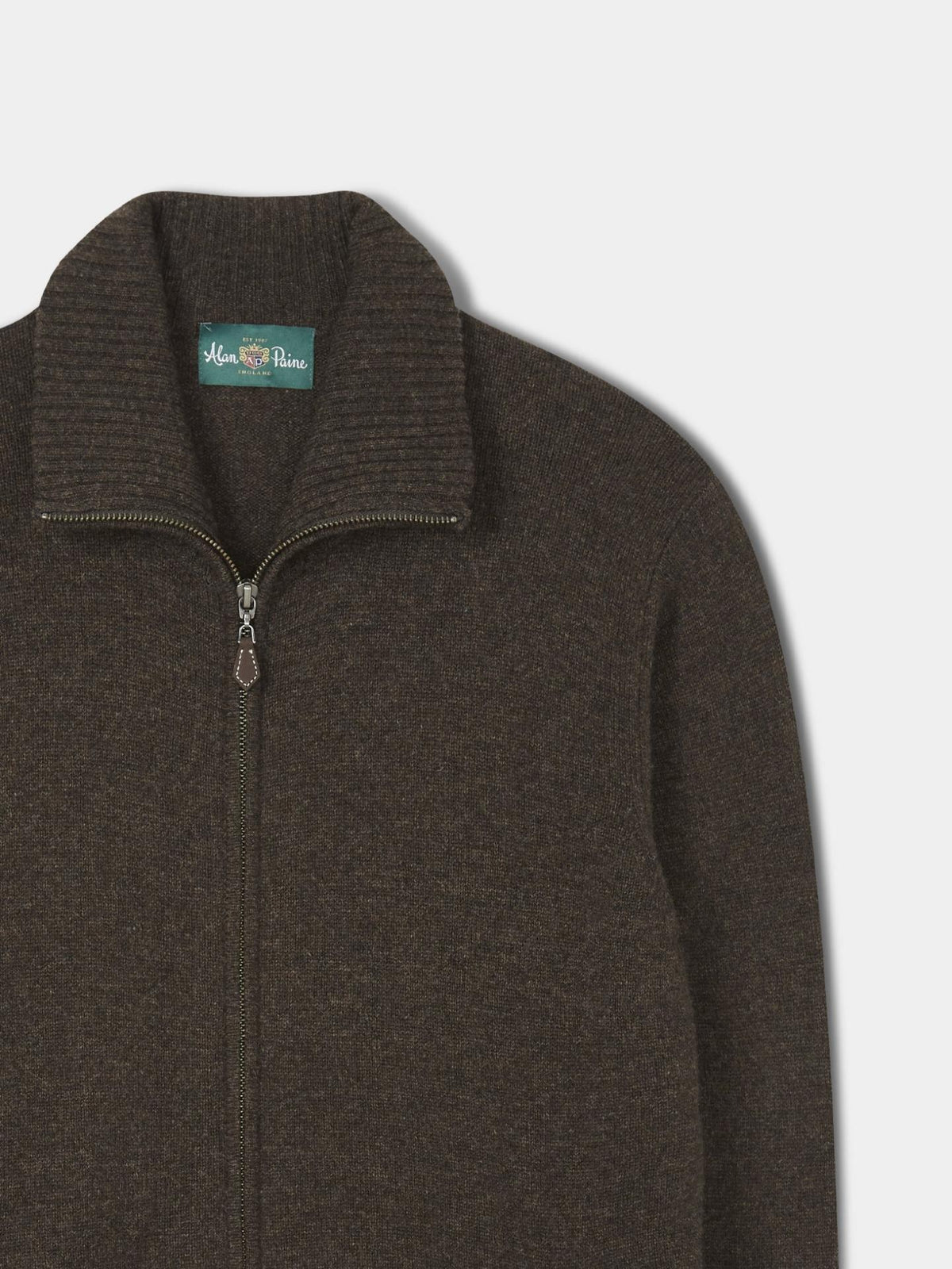 Mörkbrun Full Zip Lammullskofta - Alan Paine