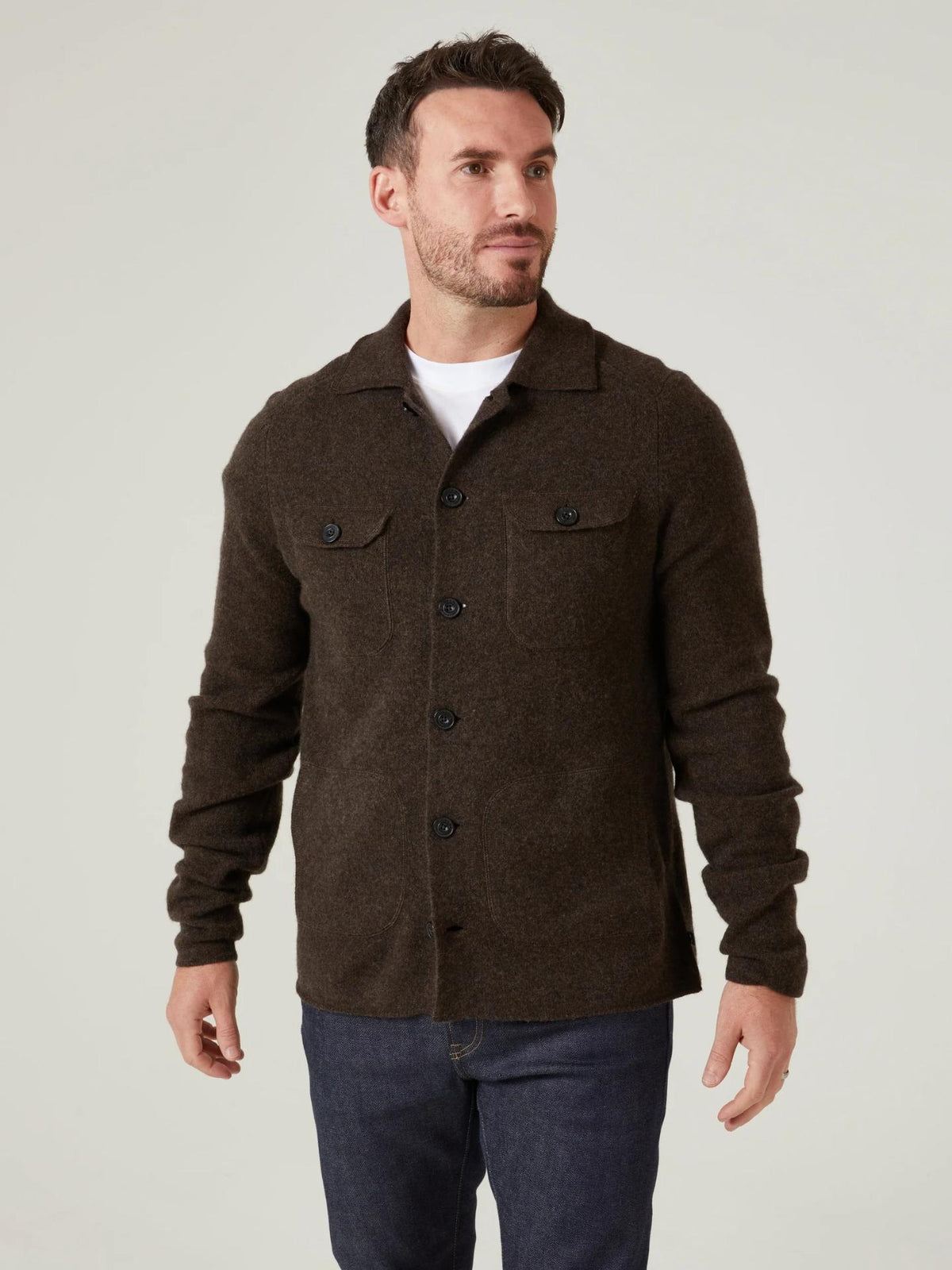 Mörkbrun Stickad Lammull Overshirt - Alan Paine