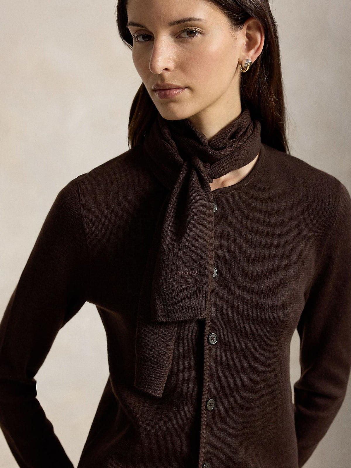 Mörkbrun Tie-Scarf Ull Cardigan - Polo Ralph Lauren