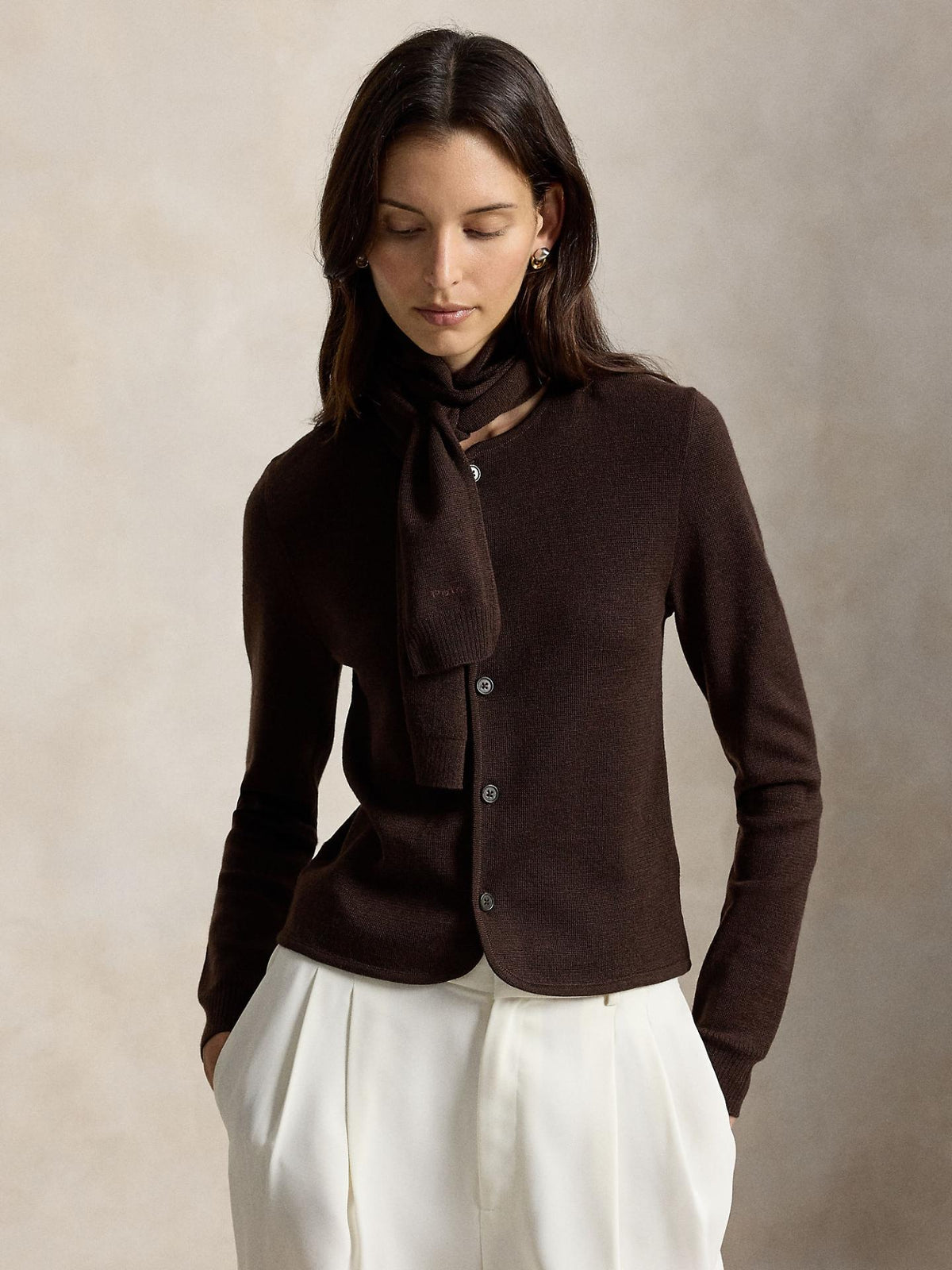 Mörkbrun Tie-Scarf Ull Cardigan - Polo Ralph Lauren