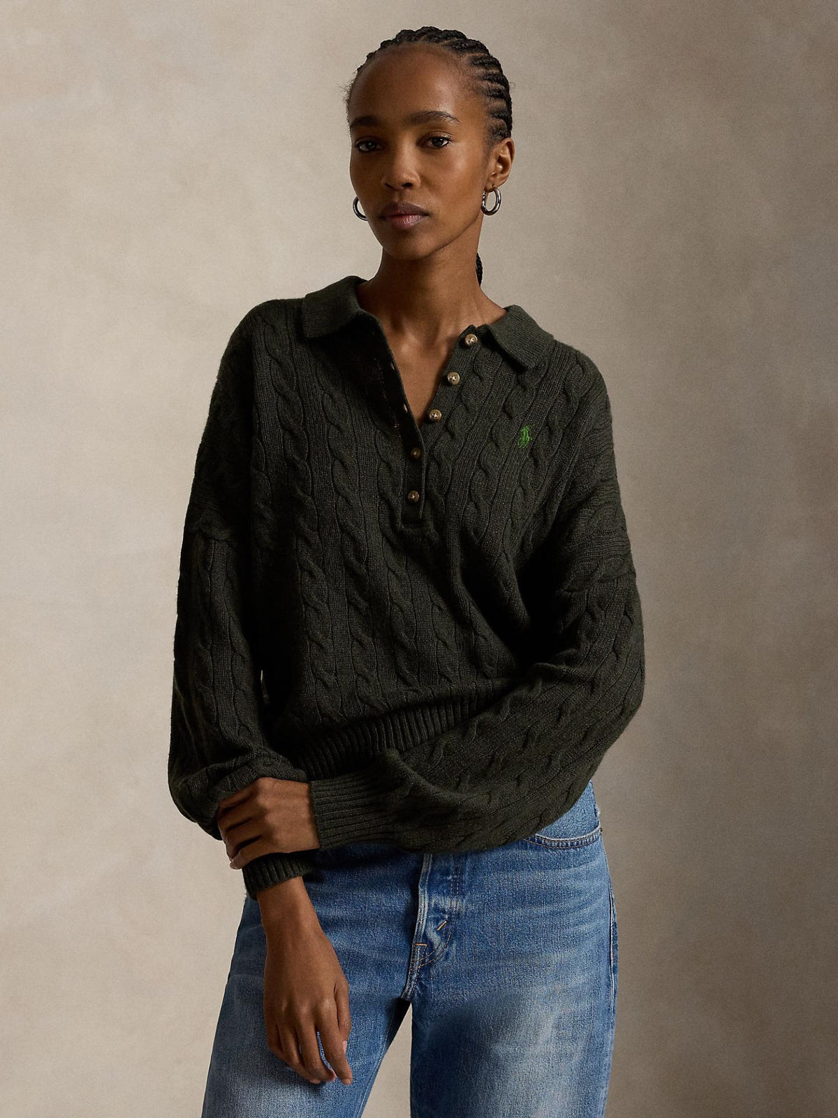Mörkgrön Kabelstickad Kragtröja - Polo Ralph Lauren