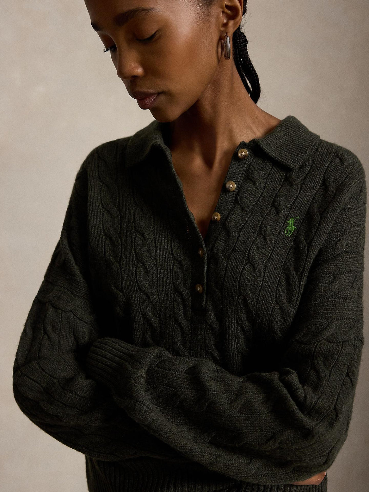 Mörkgrön Kabelstickad Kragtröja - Polo Ralph Lauren