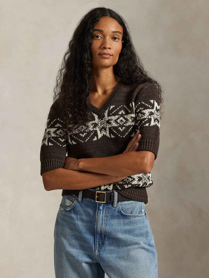 Stickad Snowflake V-hals Tröja