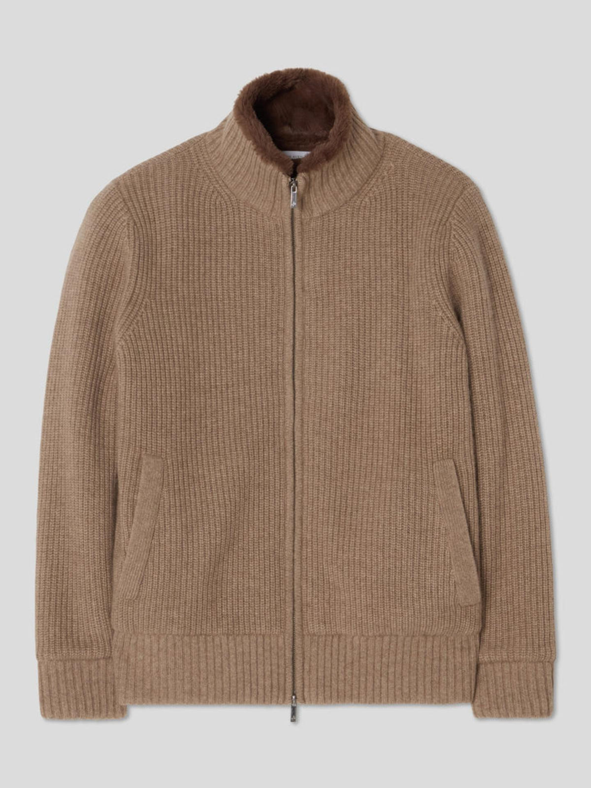 Taupe Alpine Ribbstickad Cashmere Jacka - Brown Avenue