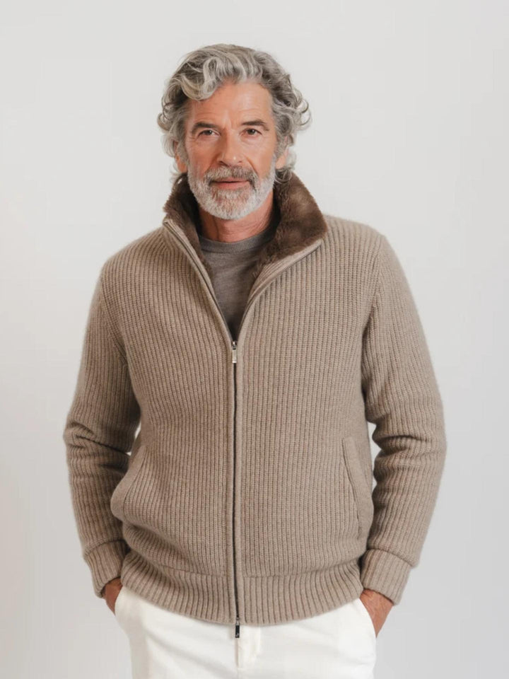 Taupe Alpine Ribbstickad Cashmere Jacka - Brown Avenue