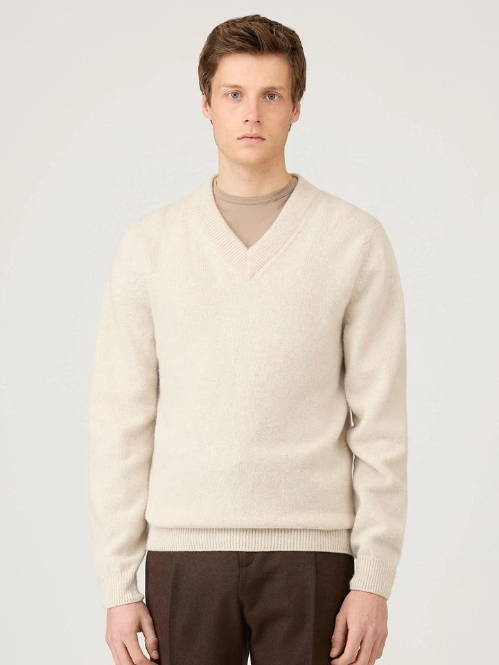Taupe V-hals Lammullströja - Sunspel