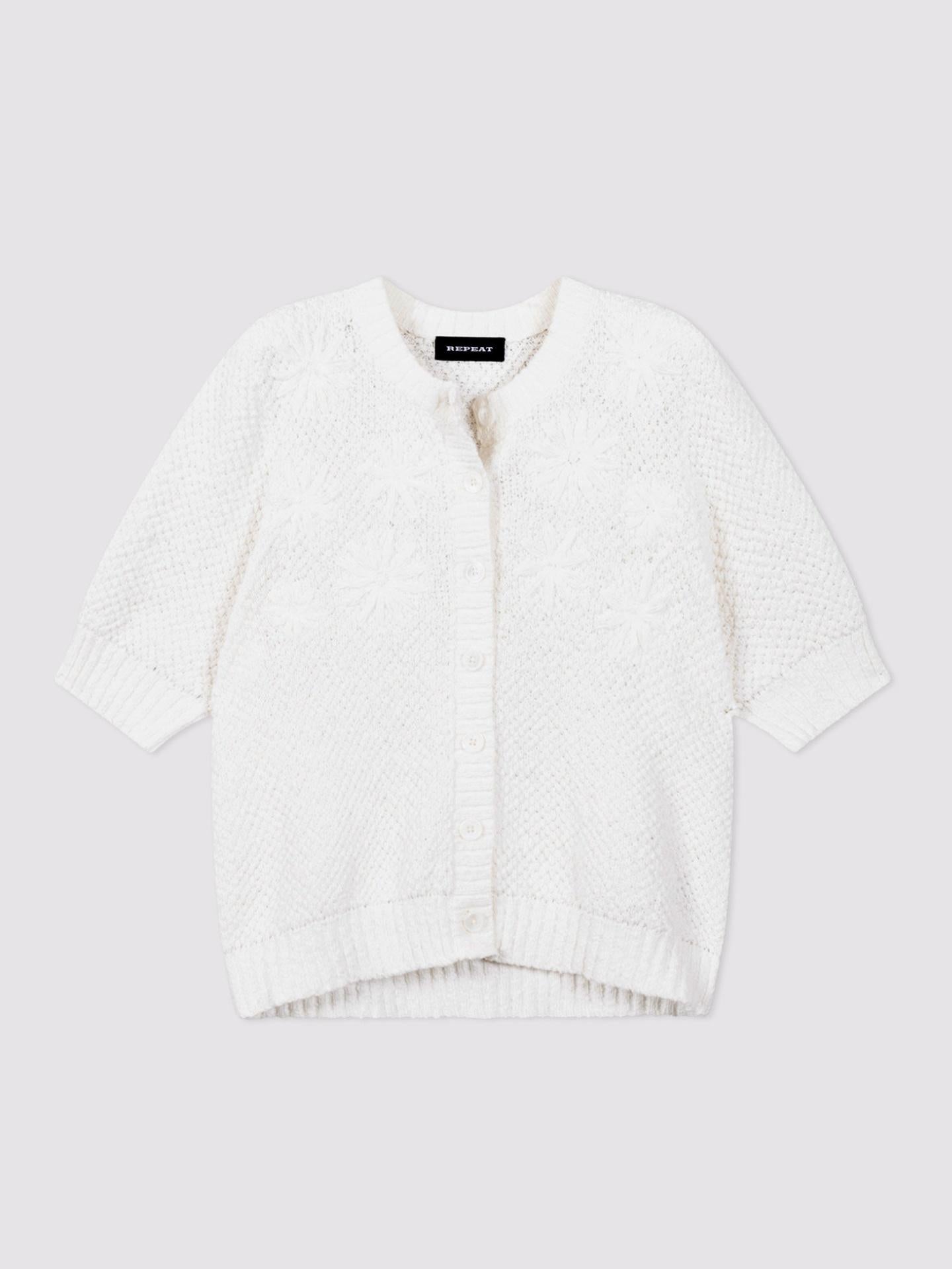 Vit Stickad Kofta med Broderade Blommor - Repeat