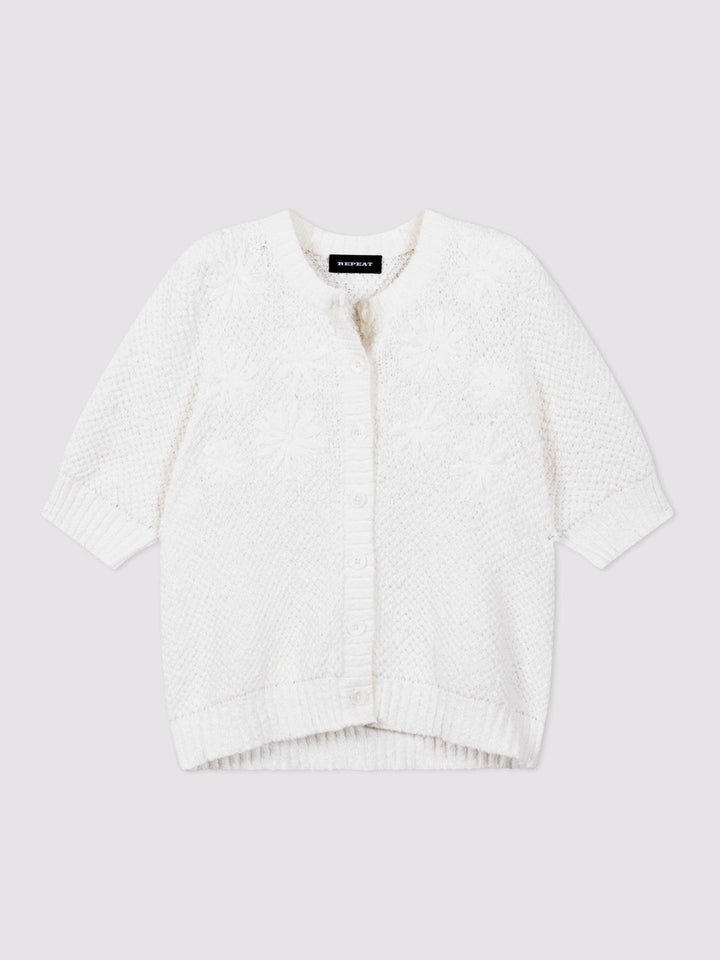 Vit Stickad Kofta med Broderade Blommor - Repeat